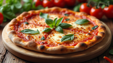 Delicious pizza margherita with melted mozzarella cheese. Italian cuisine. Food background. Freshly baked, served on a wooden board.