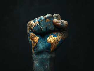 A clenched fist painted with a world map, symbolizing global unity, power, and labor rights on Labor Day.