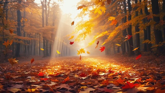 Fallen leaves on ground, sunlight filtering through trees, misty morning or golden hour atmosphere.