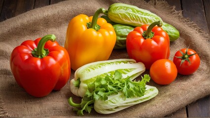 A Vibrant Bounty of Fresh Produce: Red and Yellow Bell Peppers, Cucumbers, Tomatoes, and Romaine Lettuce Displayed on a Rustic Surface.