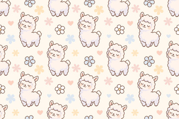 Cute standing alpaca seamless pattern with pastel flowers and hearts – soft kawaii design for children’s prints and fabric