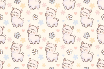 Gardinen Tiere Muster  Cute standing alpaca seamless pattern with pastel flowers and hearts – soft kawaii design for children’s prints and fabric  © Pichiiart