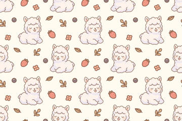 Cute alpaca seamless pattern with strawberries and leaves on cream background – kawaii animal illustration for kids and baby products