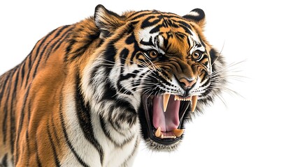 Roaring Tiger Portrait Showing Sharp Teeth and Fierce Expression on White