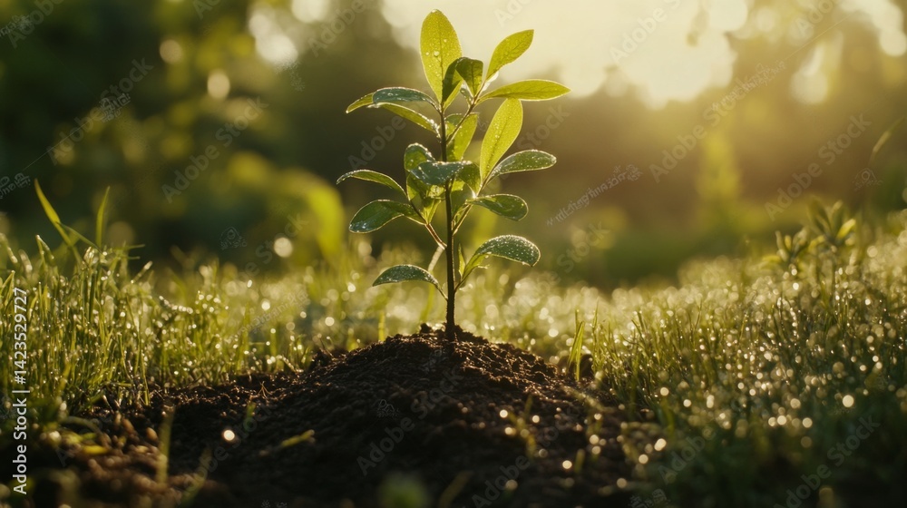 Aufkleber a serene image of a freshly planted sapling in a peaceful meadow, with dew-covered grass and soft mo
