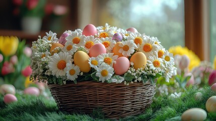 Obraz premium Colorful Easter eggs nestled amongst a spring floral arrangement.