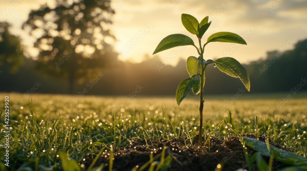 Poster a serene image of a freshly planted sapling in a peaceful meadow, with dew-covered grass and soft mo