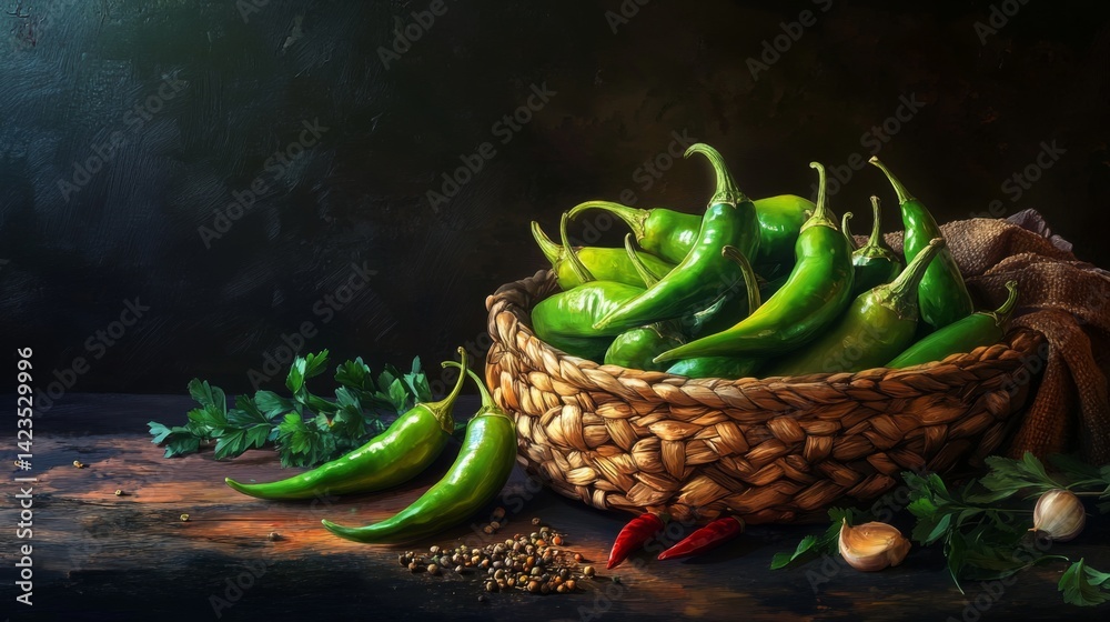 Poster a serene image of fresh green chilies resting in a woven basket, surrounded by spices and aromatic h