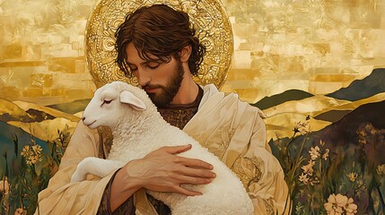 Jesus as the Good Shepherd cradling a white lamb, robes flowing in elegant curves, with hills and pastures rendered in stylized Art Nouveau patterns behind Him.