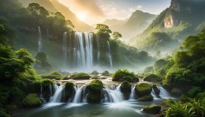 Explore scenic waterfall landscape photography in nature with lush green trees and mountains view wallpaper