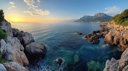 Sunset coastal panorama, rocky shore, clear water, mountain backdrop, travel