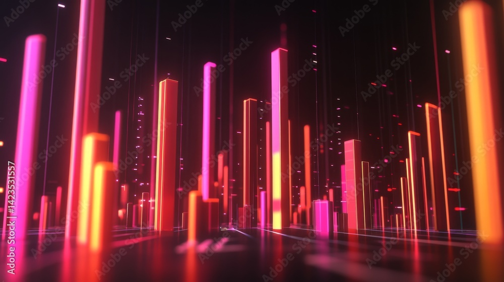 Poster a set of glossy d bars rising dramatically from a financial dashboard, with neon highlights and subt