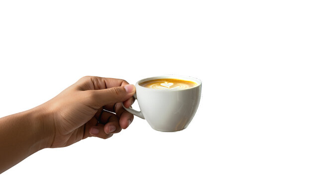 Naklejki Hand holding a cup of latte art coffee perfect for a morning wake up