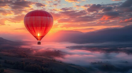 Obraz premium A breathtaking hot air balloon gracefully gliding over misty valleys at sunrise, capturing the serene beauty of morning light and nature.