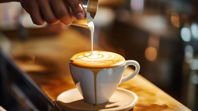 Close-up of a barista pouring milk into a cup of coffee, creating latte art. The coffee is steaming and the milk is flowing in a smooth stream.