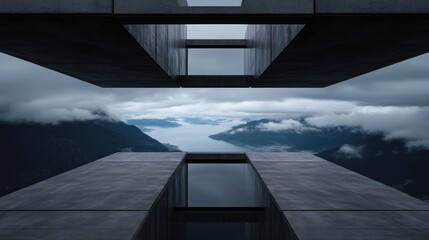 Obraz premium Elevated concrete structure overlooking a serene mountain lake. Vast, dramatic vista of nature framed by modern architecture