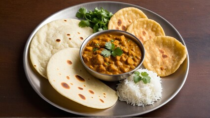 A Delicious Plate of Indian Cuisine: Featuring Chicken Curry, Warm Tortillas, Fluffy Rice, and Fresh Cilantro for a Flavorful Experience.