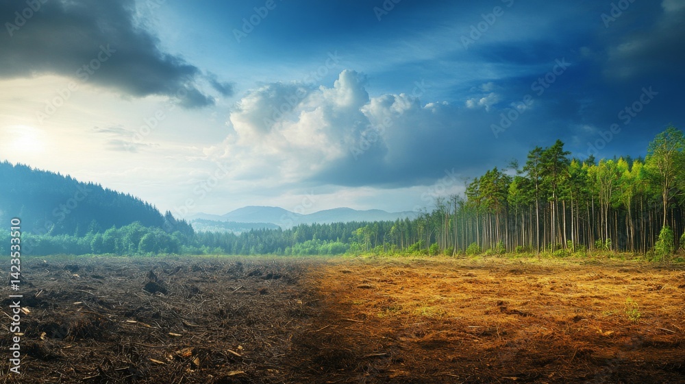 Poster A stark contrast between a vibrant forest and an area devastated by logging, emphasizing the impact of human activity on natural ecosystems and global warming