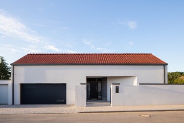 Modern Architectural Home Exterior Design with Red Roof Tiles and Garage Doors. Stunning Contemporary House Facade on a Sunny Day.