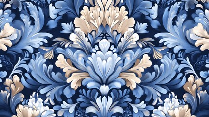 Blue and beige floral pattern forming a damask style design