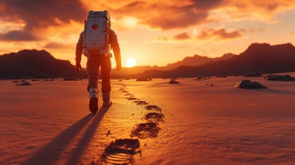 An astronaut walks away from the sunset across an alien landscape, leaving footprints in the sand with rocky formations in the background