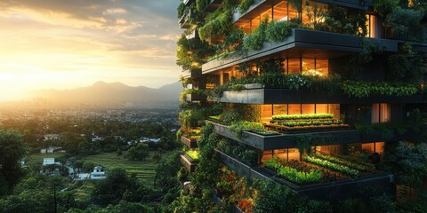 A bird eye view of a futuristic skyscraper towering above multi tiered vertical farms. The sleek building features lush green plant platforms, with solar panels glowing softly in the sunlight generate