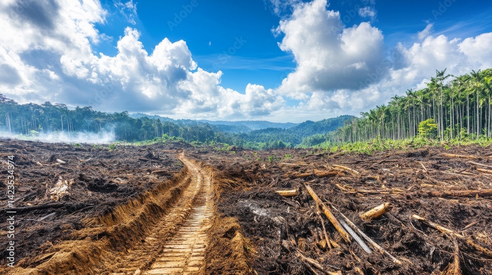 Poster A stark contrast between a vibrant forest and an area devastated by logging, emphasizing the impact of human activity on natural ecosystems and global warming