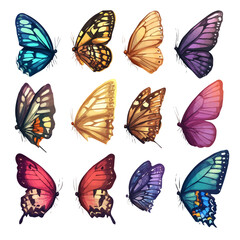 A Very Simple flat 2D icon of a Collection of butterfly wing elements isolated on a transparent background, vector, flat design, simple flat 2D icon, eps