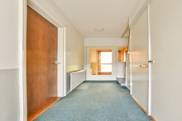 A bright and spacious hallway featuring wooden doors, light walls, and soft carpeting, creating a welcoming atmosphere in the home.