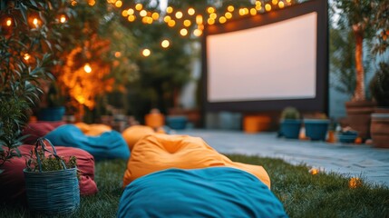 Outdoor movie night, backyard projection screen, garden party