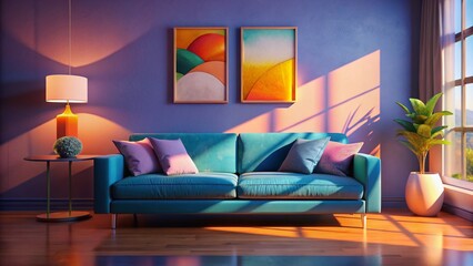 Serene Living Room: Blue Couch, Pillows, Large Wall Art - Stock Photo