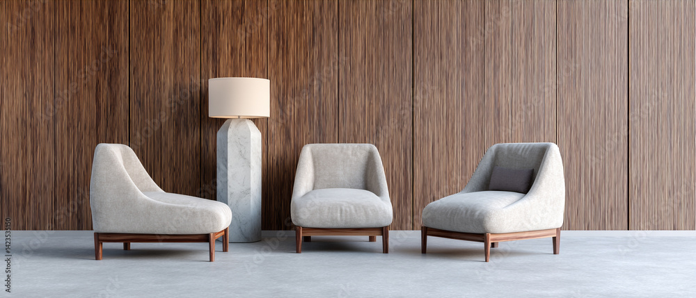 Poster modern armchairs and lamp are set against elegant wood paneling, creating serene and sophisticated a