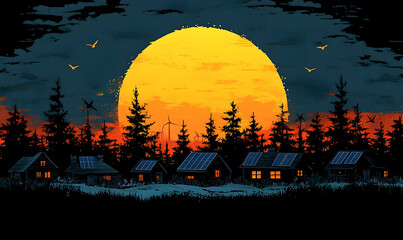 Serene sunset over a rural village with solar panels, surrounded by lush trees and birds