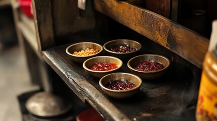 A street food stall displaying various chili condiments in small bowls, with crushed chilies, chili paste, and soy sauce, ready for customers to add to their meals.