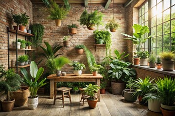 Fototapeta premium Serene Indoor Brick Garden Room: Lush Greenery & Natural Light