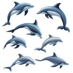 A Very Simple flat 2D icon of a Collection of dolphin elements isolated on a transparent background, vector, flat design, animation design, vector, simple flat 2D icon, minimalist, eps