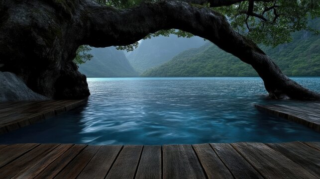 Tranquil lake scene under a large tree arch. Wooden deck overlooking still water