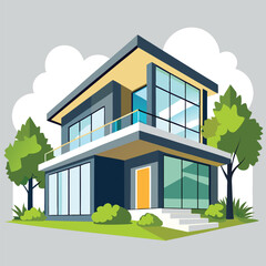 Modern Two Story House with Large Windows and Balcony