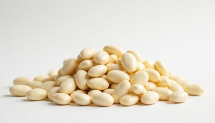 Pile of white beans against bright white backdrop, vegan, healthy, still life