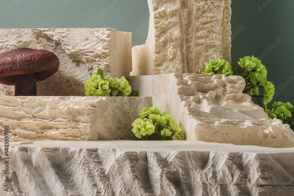 Aufkleber beige stone texture showcase with brown mushroom and light green flowers, creating a minimalist and 