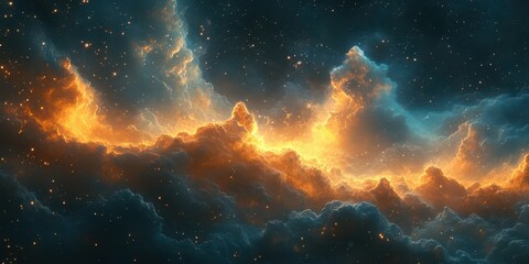 Fototapeta premium Swirling clouds of orange and blue light up the night sky in a cosmic display of color and wonder