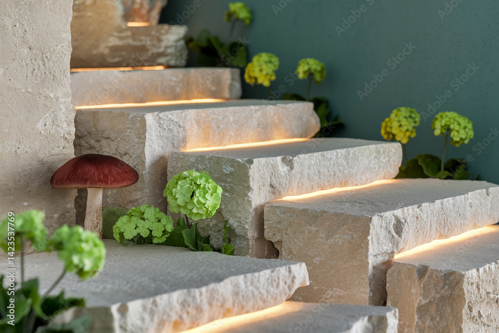 Poster stone staircase with illuminated edges, adorned with green flowers and a mushroom, creating a serene