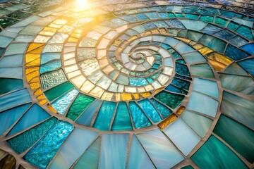 Naklejka premium Colorful spiral mosaic with vibrant glass tiles in sunlight
