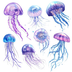 A Very Simple flat 2D icon of a Collection of jellyfish elements isolated on a transparent background, vector, flat design, simple flat 2D icon, eps format © Sabellatint