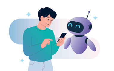 A vector illustration of a person interacting with a robot, both smiling while the person is holding a smartphone. Concept of human-robot interaction, technology, and artificial intelligence.