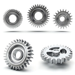 Gears and cogs on a white background representing mechanical parts and industrial technology