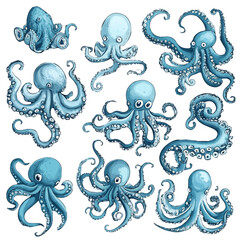 A Very Simple flat 2D icon of a Collection of octopus isolated on a transparent background, vector, flat design, animation design, vector, simple flat 2D icon, minimalist, eps