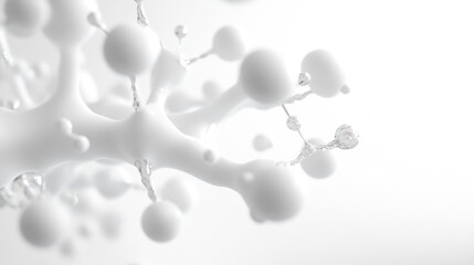 Abstract milk molecule structure.  A close-up view of a detailed,  white milk structure, showcasing dynamic, interconnected, spherical components.  The image is  aesthetically pleasing,
