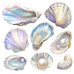 A Very Simple flat 2D icon of a Collection of pearl oyster elements isolated on a transparent background, vector, flat design, animation design, vector, simple flat 2D icon, minimalist, eps