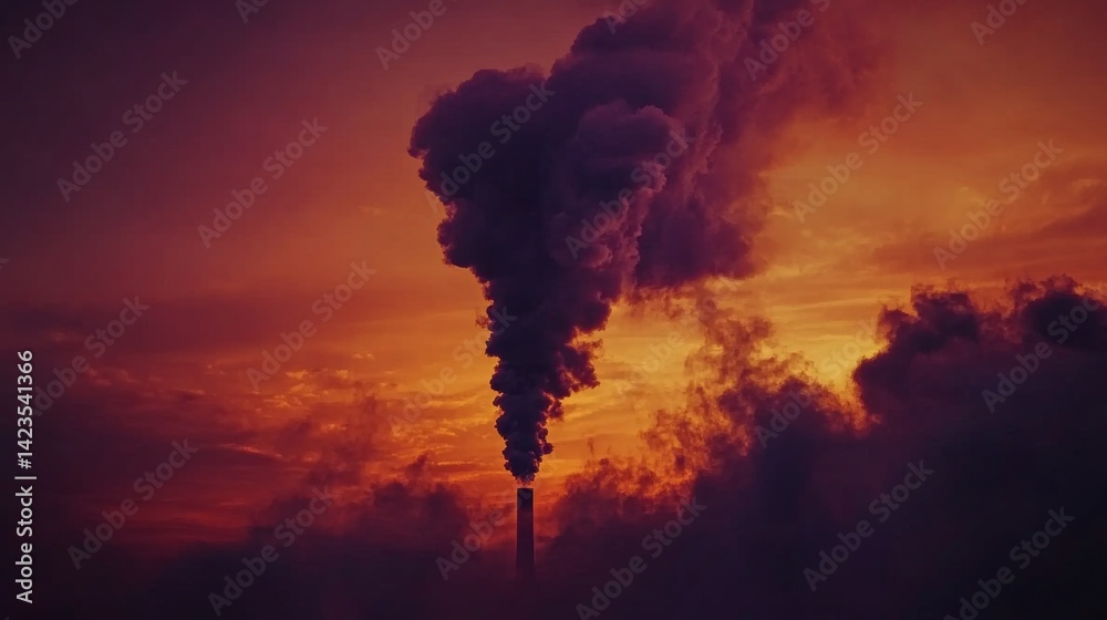 Poster black smoke slowly dispersing into the atmosphere from a factory stack, mixing with a dramatic sunse